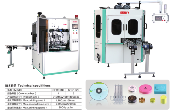 Flat Screen Printing Machine designed for printing on plastic tubes round cans and caps with automatic feeding and uv curing